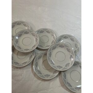 Set of 7 Fine China Saucers Floral Blue Pink Delicate Pattern Silver Rim